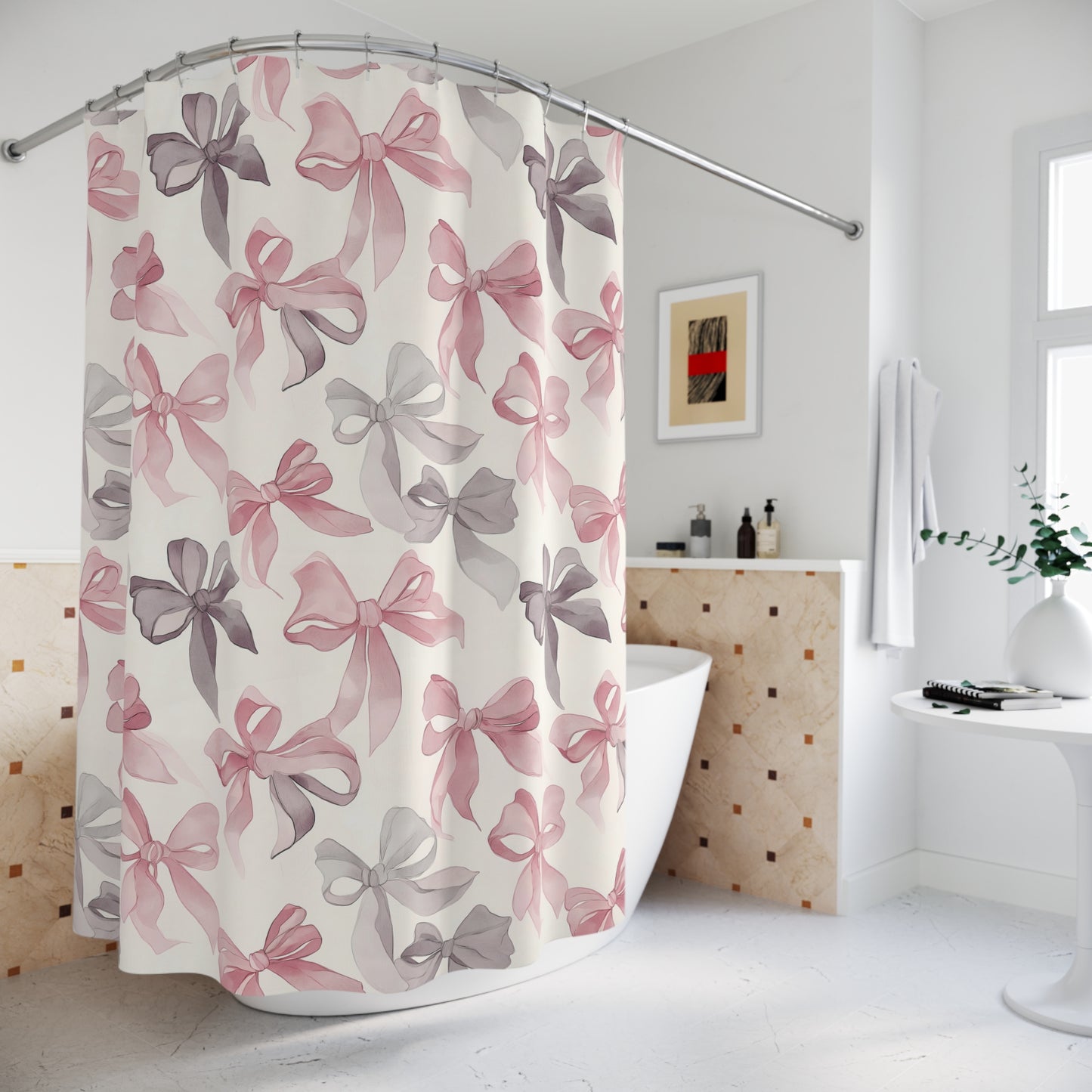 Delicate Bows Pink and Gray Shower Curtain